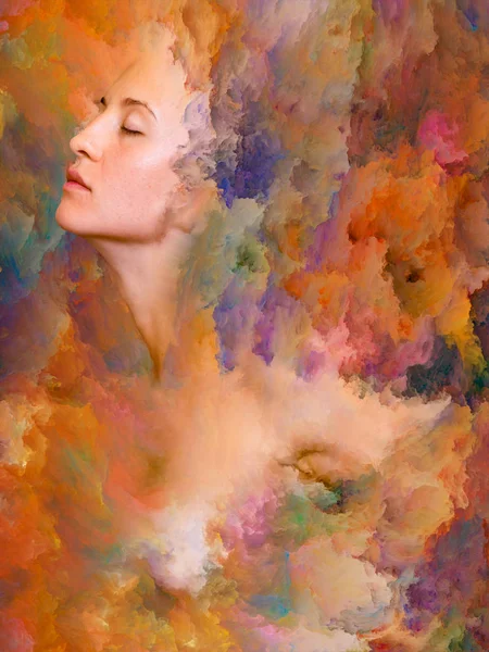 Onun Dünya serisi. Duygular, duygular, iç dünya, yaratıcılık ve hayal gücü konusunda canlı boya ile arka plan kompozisyonu kadın portresi erimiş