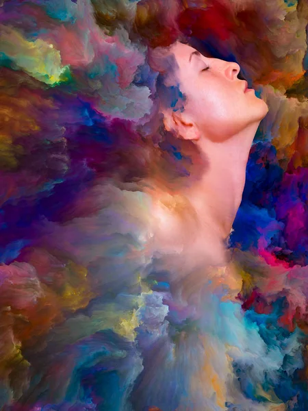 Dünya serisi. Kadın portresinin arka planı duygular, duygular, iç dünya, yaratıcılık ve hayal gücü üzerine canlı boyalar ile kaynaştırılmış.