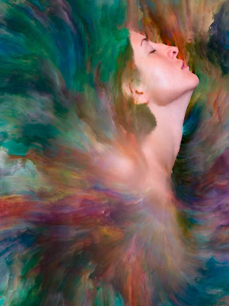 Dünya serisi. Kadın portresinin arka planı duygular, duygular, iç dünya, yaratıcılık ve hayal gücü üzerine canlı boyalar ile kaynaştırılmış.
