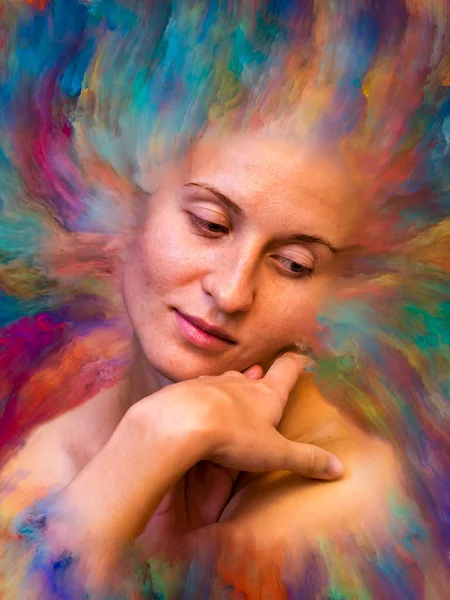 Dünya serisi. Kadın portresinin soyut bileşimi duygular, duygular, iç dünya, yaratıcılık ve hayal gücüyle ilgili projelere uygun canlı boyayla kaynaştırılmış.