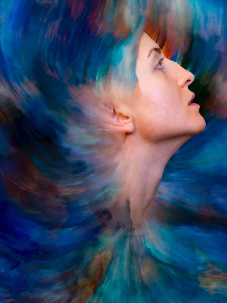 Onun Dünya serisi. Duygular, duygular, iç dünya, yaratıcılık ve hayal gücü projelerde kullanmak için canlı boya ile kadın portresi oluşan zemin erimiş