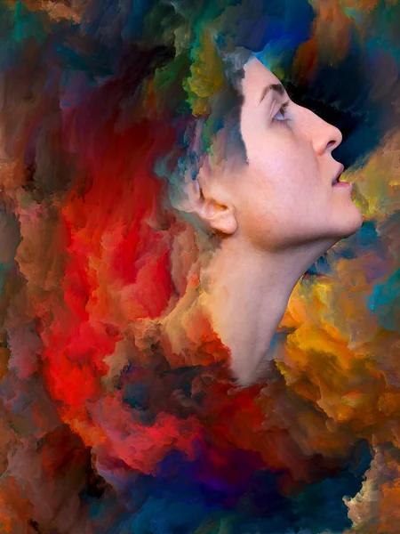 Her World series. Artistic background made of female portrait fused with vibrant paint for use with projects on feelings, emotions, inner world, creativity and imagination