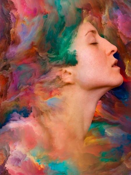 Her World series. Artistic background made of female portrait fused with vibrant paint for use with projects on feelings, emotions, inner world, creativity and imagination