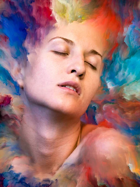 Dünya serisi. Duygular, duygular, iç dünya, yaratıcılık ve hayal gücü konularında kadın portresiyle birleştirilmiş soyut tasarım.