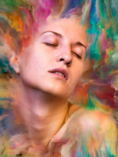 Dünya serisi. Duygular, duygular, iç dünya, yaratıcılık ve hayal gücü konularında kadın portresiyle birleştirilmiş soyut tasarım.