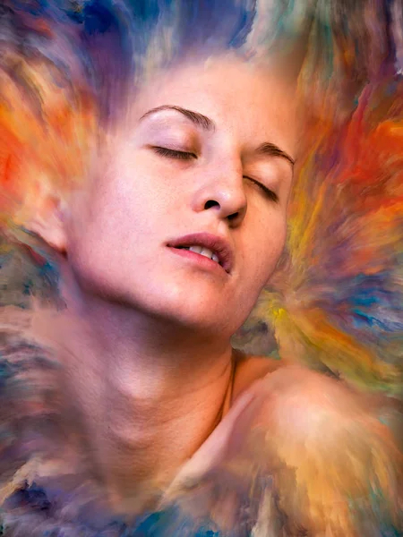 Dünya serisi. Duygular, duygular, iç dünya, yaratıcılık ve hayal gücü konularında kadın portresiyle birleştirilmiş soyut tasarım.