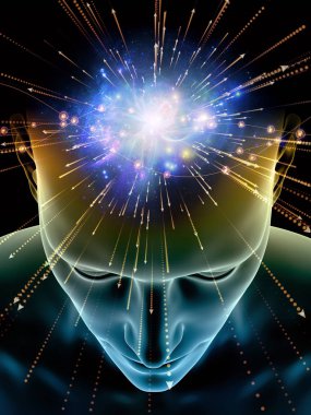 Zihin dizi elemanları. insan kafası ve sembolleri bilim, eğitim ve zihin gücü konusunda teknolojinin 3D çizimi