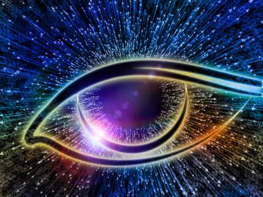 Bilgi serisi gözü. Bilim, eğitim ve modern teknoloji konusunda göz simgesini ve ok oluşan patlama