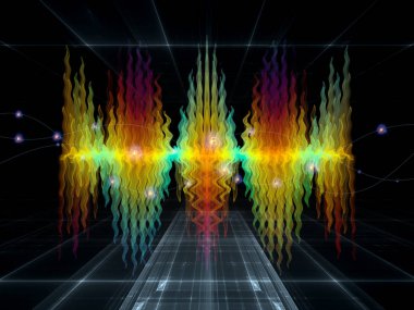 Dalga Fonksiyonu serisi. Ses eşitleyici, müzik spektrumu ve kuantum olasılığı üzerine tasarımınızı tamamlamak için renkli sinüs titreşimleri, ışık ve fraktal elementlerin arkaplanı