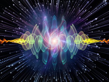 Dalga fonksiyonu serisi. Renkli sinüs titreşimler arka plan kompozisyon, ışık ve fraktal öğeleri ses ekolayzer, konu üzerinde müzik spektrum ve kuantum olasılık