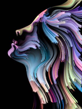 Yüz renk serisi. İnsan profili ve yaratıcılık, tasarım, iç dünya, içgüdü ve sanatsal ruhu boya mecazi ilişki ile hareketli renkli çizgiler bileşimi