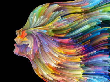 Yüz renk serisi. Tasarım projeleri için fon olarak hizmet etmek için insan profili ve boya hareketli renkli çizgiler yapılmış yaratıcılık, tasarım, iç dünya, içgüdü ve sanatsal ruhu ile ilgili