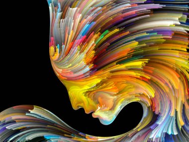 Yüz renk serisi. Zemin tasarımı insan profili ve boya işleri yaratıcılık, tasarım, iç dünya, insan doğası ve sanatsal ruhu için hareketli renkli çizgiler