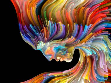 Yüz renk serisi. İnsan profili ve projelerde yaratıcılık, tasarım, iç dünya, içgüdü ve sanatsal ruhu için boya hareketli renkli çizgiler bileşimi