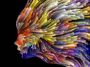 Yüz renk serisi. Arka plan tasarım insan profili ve yaratıcılık, tasarım, iç dünya, içgüdü ve sanatsal ruh konusunda boya hareketli renkli çizgiler