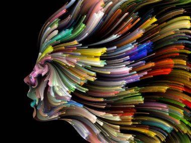 Renk serisinin yüzü. Yaratıcılık, tasarım, iç dünya, insan doğası ve sanatsal ruh projeleri için uygun bir zemin olarak insan profili ve renkli renkli boya çizgileri.