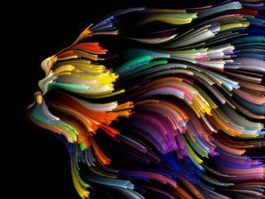 Renk serisinin yüzü. Yaratıcılık, tasarım, iç dünya, insan doğası ve sanatsal ruh projeleri için uygun bir zemin olarak insan profili ve renkli renkli boya çizgileri.