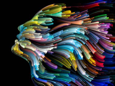 Yüz renk serisi. Zemin insan profili ve yaratıcılık, tasarım, iç dünya, içgüdü ve sanatsal ruh konusunda boya hareketli renkli çizgiler