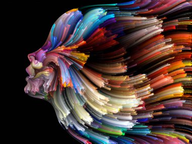 Yüz renk serisi. İnsan profili ve boya bir kavramı mecaz yaratıcılık, tasarım, iç dünya, insan doğası ve sanatsal ruhu konuda hareketli renkli çizgiler yaratıcı düzenleme