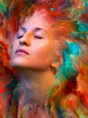 Dış serinin içinde. Kadın portresinin soyut bileşimi duygular, duygular, iç dünya, yaratıcılık ve hayal gücüyle ilgili projelere uygun canlı boyayla kaynaştırılmış.