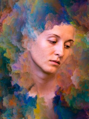 Dünya serisi. Kadın portresinin arka planı duygular, duygular, iç dünya, yaratıcılık ve hayal gücü üzerine canlı boyalar ile kaynaştırılmış.