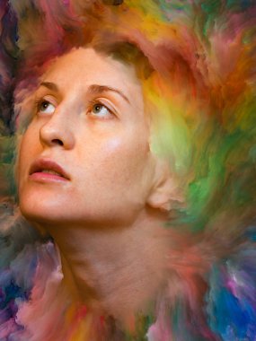 Dünya serisi. Duygular, duygular, iç dünya, yaratıcılık ve hayal gücü üzerine projelerle birleştirilmiş kadın portresinin soyut arkaplanı.