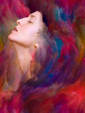 Onun Dünya serisi. Mecazi ilişki duygular, duygular, iç dünya, yaratıcılık ve hayal gücü ile canlı boya ile kadın portre bileşimi erimiş