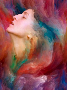 Onun Dünya serisi. Mecazi ilişki duygular, duygular, iç dünya, yaratıcılık ve hayal gücü ile canlı boya ile kadın portre bileşimi erimiş