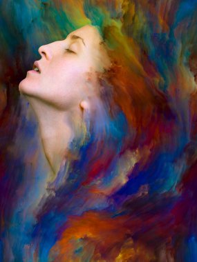 Dünya serisi. Duygular, duygular, iç dünya, yaratıcılık ve hayal gücü konularında bir metafor olarak kadın portresinin canlı resimlerle kaynaşmış yaratıcı düzenlemesi.