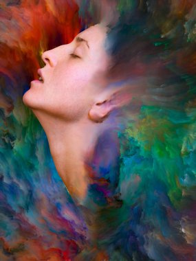 Dünya serisi. Duygular, duygular, iç dünya, yaratıcılık ve hayal gücü konularında bir metafor olarak kadın portresiyle birleştirilmiş bir tasarım.