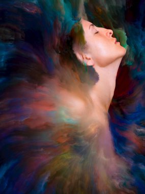 Onun Dünya serisi. Kadın portre konu duygular, duygular, iç dünya, yaratıcılık ve hayal gücü üzerinde canlı boya ile erimiş sanatsal soyutlama oluşan