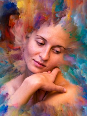 Dünya serisi. Kadın portresinin soyut bileşimi duygular, duygular, iç dünya, yaratıcılık ve hayal gücüyle ilgili projelere uygun canlı boyayla kaynaştırılmış.