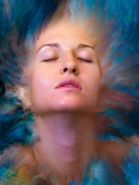 Onun Dünya serisi. Kadın portre konusu duygular, duygular, iç dünya, yaratıcılık ve hayal gücü için canlı boya ile erimiş grafik bileşimi