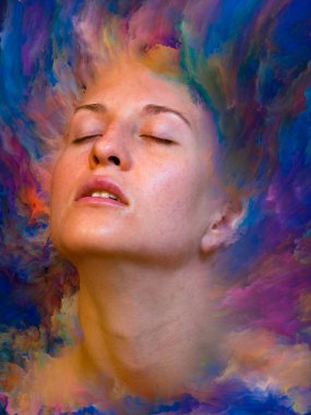 Dünya serisi. Duygular, duygular, iç dünya, yaratıcılık ve hayal gücü üzerine çalışmalar için kadın portresinin canlı boya ile kaynaşmış görsel olarak memnun edici bileşimi