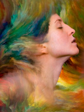 Dünya serisi. Duygular, duygular, iç dünya, yaratıcılık ve hayal gücü konularında bir metafor olarak kadın portresinin canlı resimlerle kaynaşmış yaratıcı düzenlemesi.