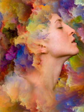 Dünya serisi. Duygular, duygular, iç dünya, yaratıcılık ve hayal gücü konularında bir metafor olarak kadın portresinin canlı resimlerle kaynaşmış yaratıcı düzenlemesi.