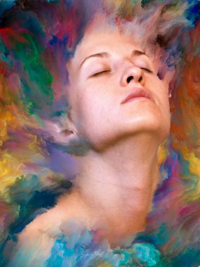 Dünya serisi. Kadın portresinin arka plan tasarımı duygular, duygular, iç dünya, yaratıcılık ve hayal gücü üzerine canlı boyalar ile kaynaştırılmış.