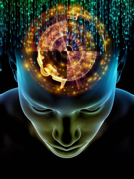 Zihin dizi elemanları. insan kafası ve sembolleri bilim, eğitim ve zihin gücü konusunda teknolojinin 3D çizimi