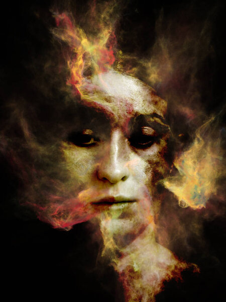 Surreal Dust Portrait series. Arrangement of fractal smoke and female portrait on the subject of spirituality, imagination and art