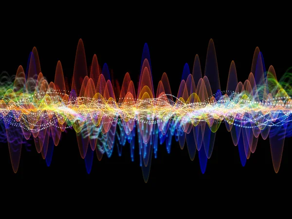 波函数系列 彩色正弦振动 光和分形元素对声均衡器 音乐谱和量子概率的相互作用 — 图库照片