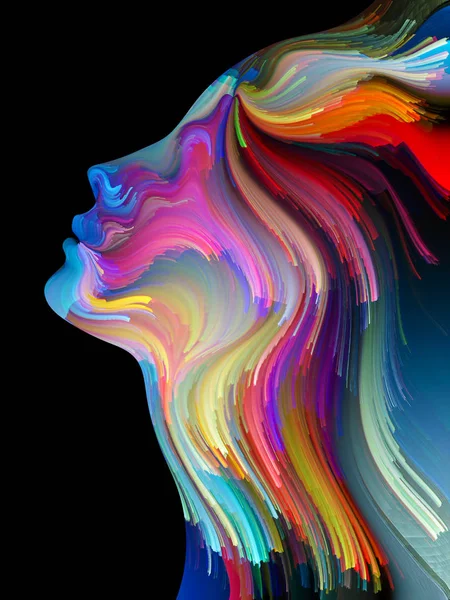 Yüz renk serisi. Zemin insan profili ve yaratıcılık, tasarım, iç dünya, içgüdü ve sanatsal ruh konusunda boya hareketli renkli çizgiler