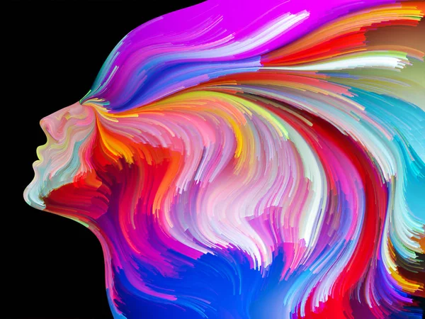 Yüz renk serisi. Sanatsal soyutlama insan profili ve yaratıcılık, tasarım, iç dünya, içgüdü ve sanatsal ruh konusunda boya hareketli renkli çizgiler oluşur