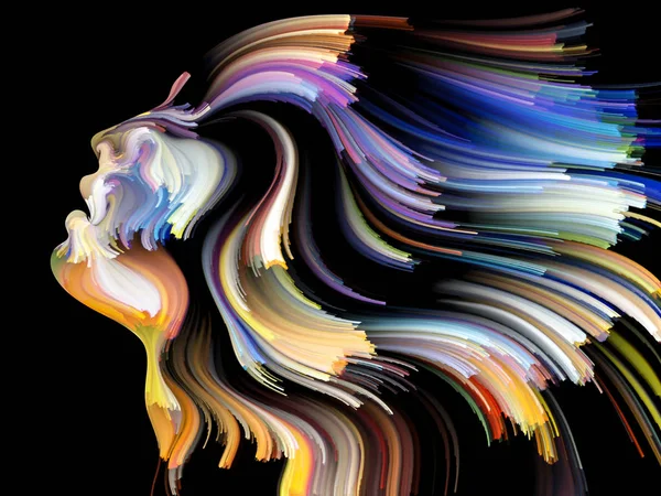 Yüz renk serisi. Zemin insan profili ve yaratıcılık, tasarım, iç dünya, içgüdü ve sanatsal ruh konusunda boya hareketli renkli çizgiler