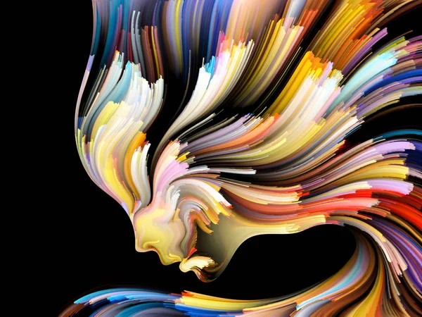 Renk serisinin yüzü. Yaratıcılık, tasarım, iç dünya, insan doğası ve sanatsal ruh projeleri için uygun bir zemin olarak insan profili ve renkli renkli boya çizgileri.