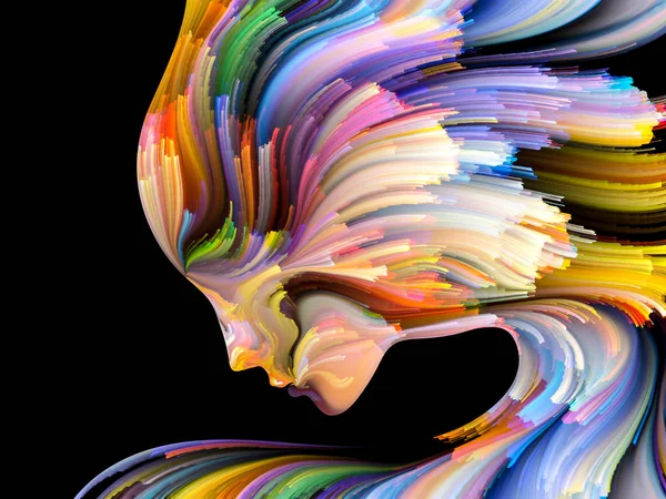 Yüz renk serisi. İnsan profili ve yaratıcılık, tasarım, iç dünya, içgüdü ve sanatsal ruhu projelerde kullanılmak üzere boya hareketli renkli çizgiler arka plan yapılmış