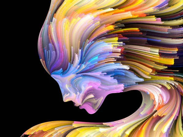 Yüz renk serisi. İnsan profili ve yaratıcılık, tasarım, iç dünya, içgüdü ve sanatsal ruhu boya mecazi ilişki ile hareketli renkli çizgiler bileşimi