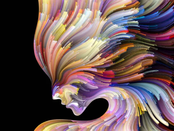 Yüz renk serisi. İnsan profili ve yaratıcılık, tasarım, iç dünya, içgüdü ve sanatsal ruhu boya mecazi ilişki ile hareketli renkli çizgiler bileşimi