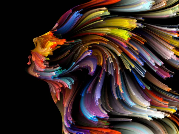 Yüz renk serisi. İnsan profili ve yaratıcılık, tasarım, iç dünya, içgüdü ve sanatsal ruhu boya mecazi ilişki ile hareketli renkli çizgiler bileşimi