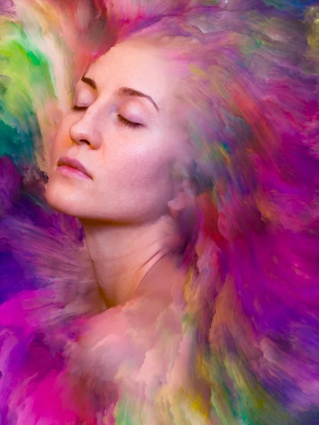 İç dış serisi. Zemin tasarımınızı duygular, duygular, iç dünya, yaratıcılık ve hayal gücü konusunda tamamlayacak canlı boya ile erimiş kadın portresi