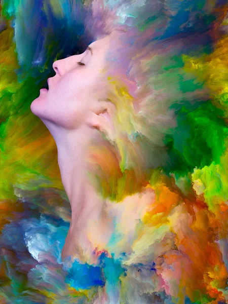 Dış serinin içinde. Duygular, duygular, iç dünya, yaratıcılık ve hayal gücü konularında bir metafor olarak kadın portresiyle birleştirilmiş bir tasarım.